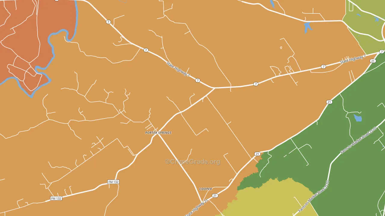 Porter Springs, TX Map of Theft Rates