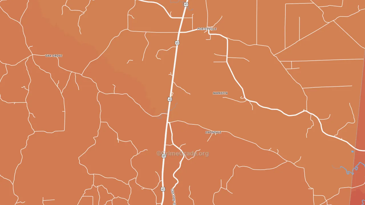 Porterville, MS Map of Theft Rates