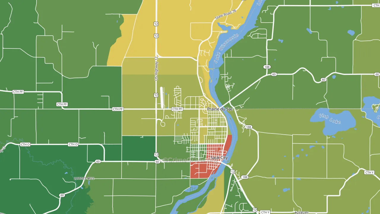 Prairie Du Sac, WI Map of Theft Rates