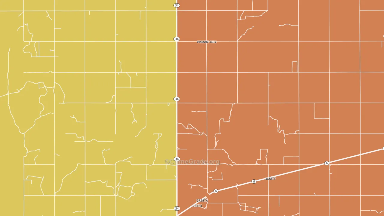 Prairie Hill, OK Map of Theft Rates
