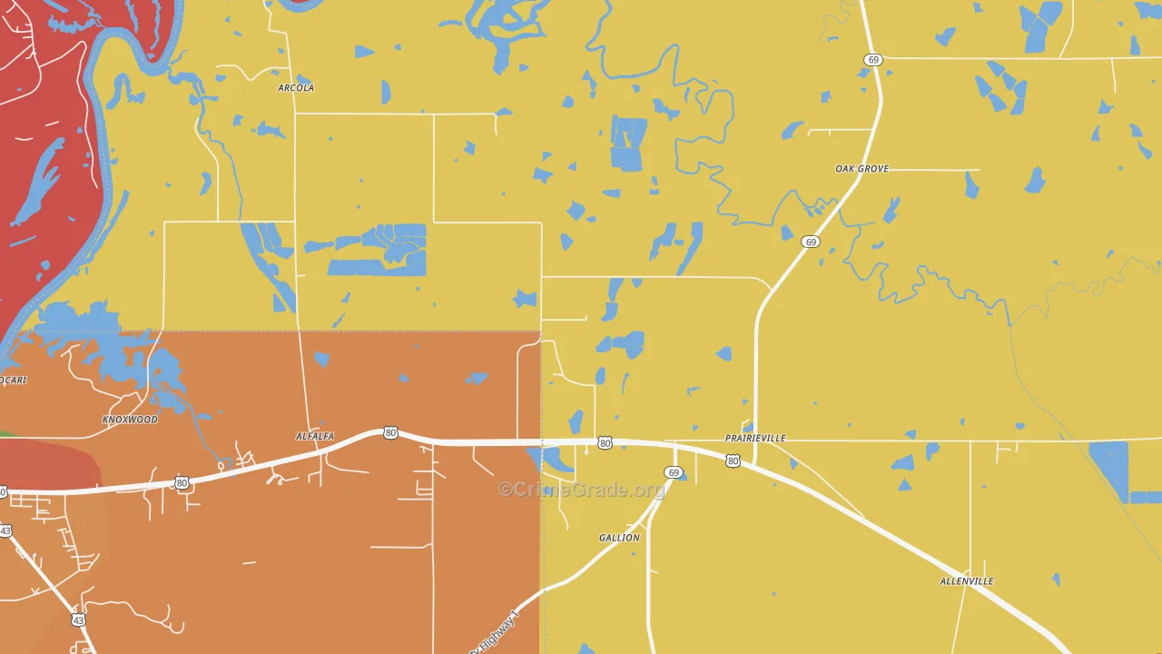 Prairieville, AL Map of Theft Rates