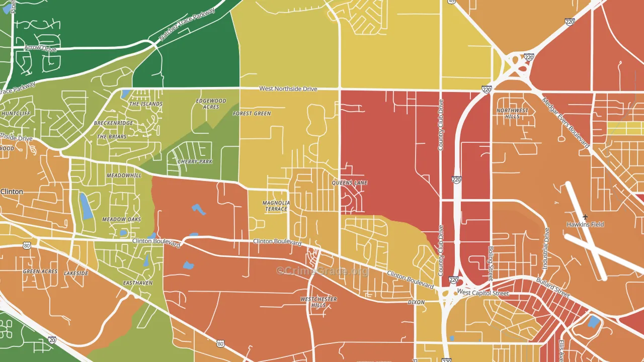 Queens-Magnolia Terrace, Jackson, MS Map of Theft Rates