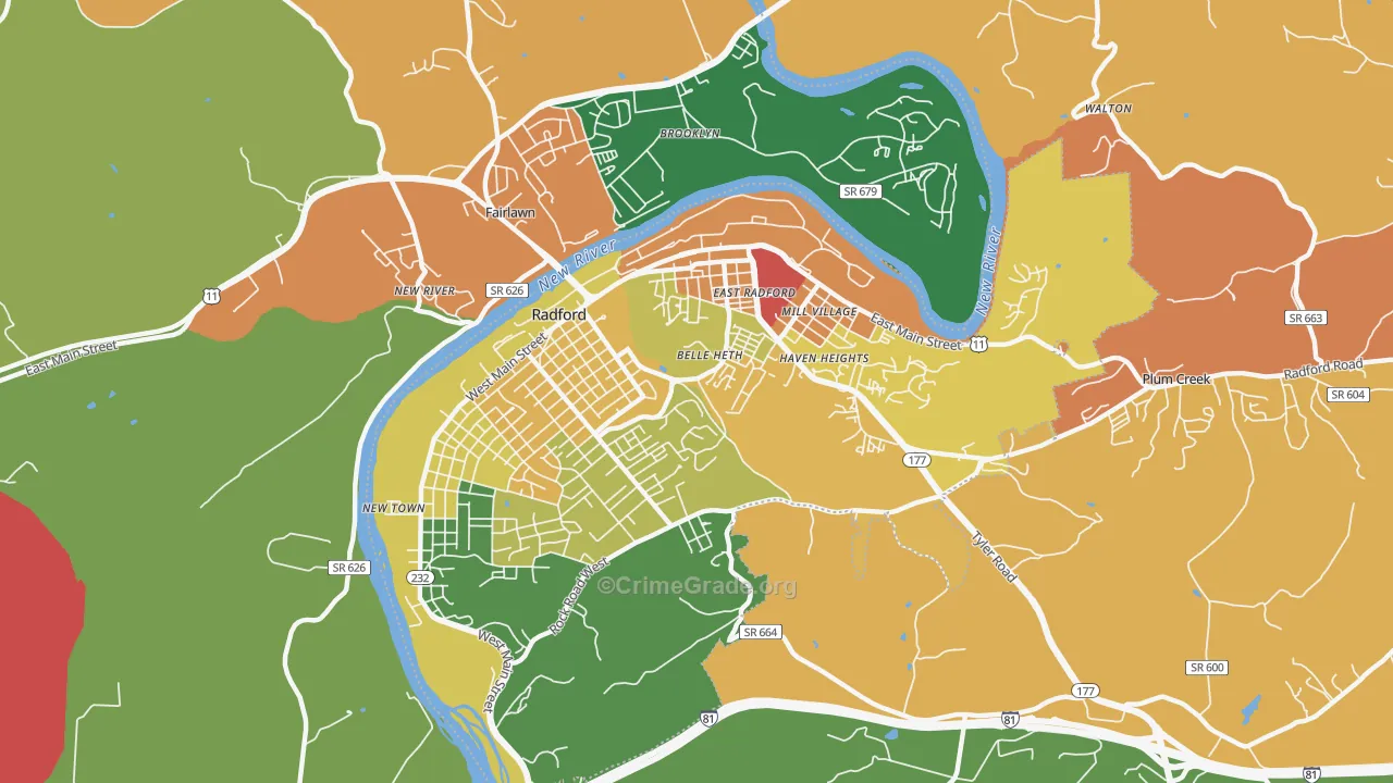 Radford City, VA Map of Theft Rates