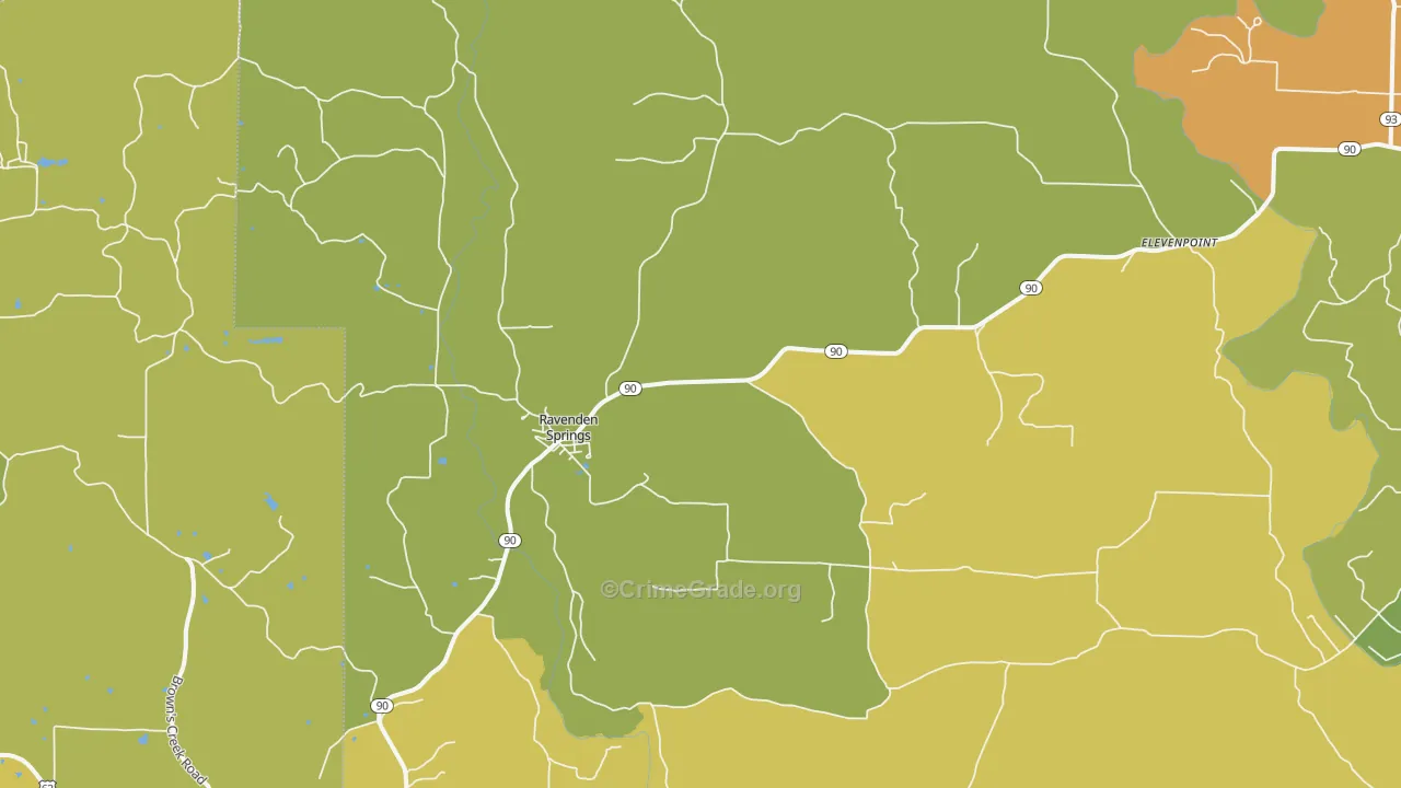 Ravenden Springs, AR Map of Theft Rates