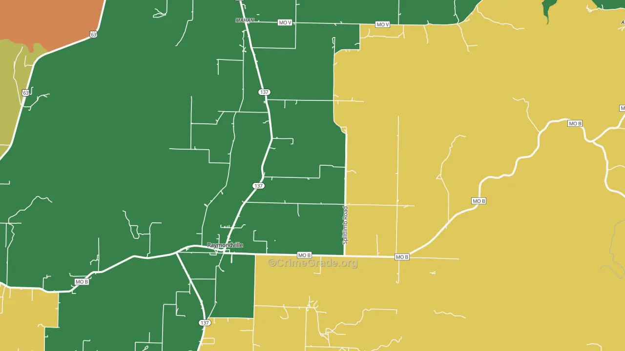 Raymondville, MO Map of Theft Rates