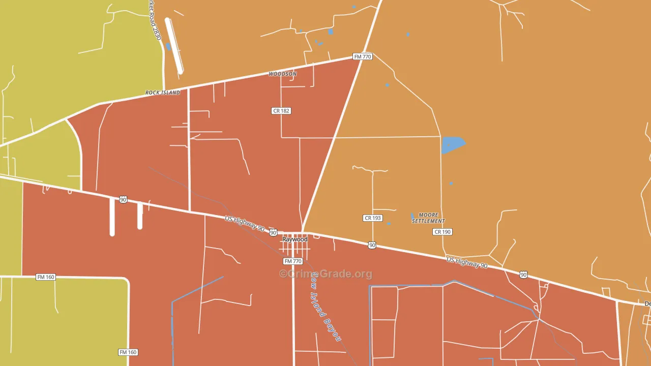 Raywood, TX Map of Theft Rates