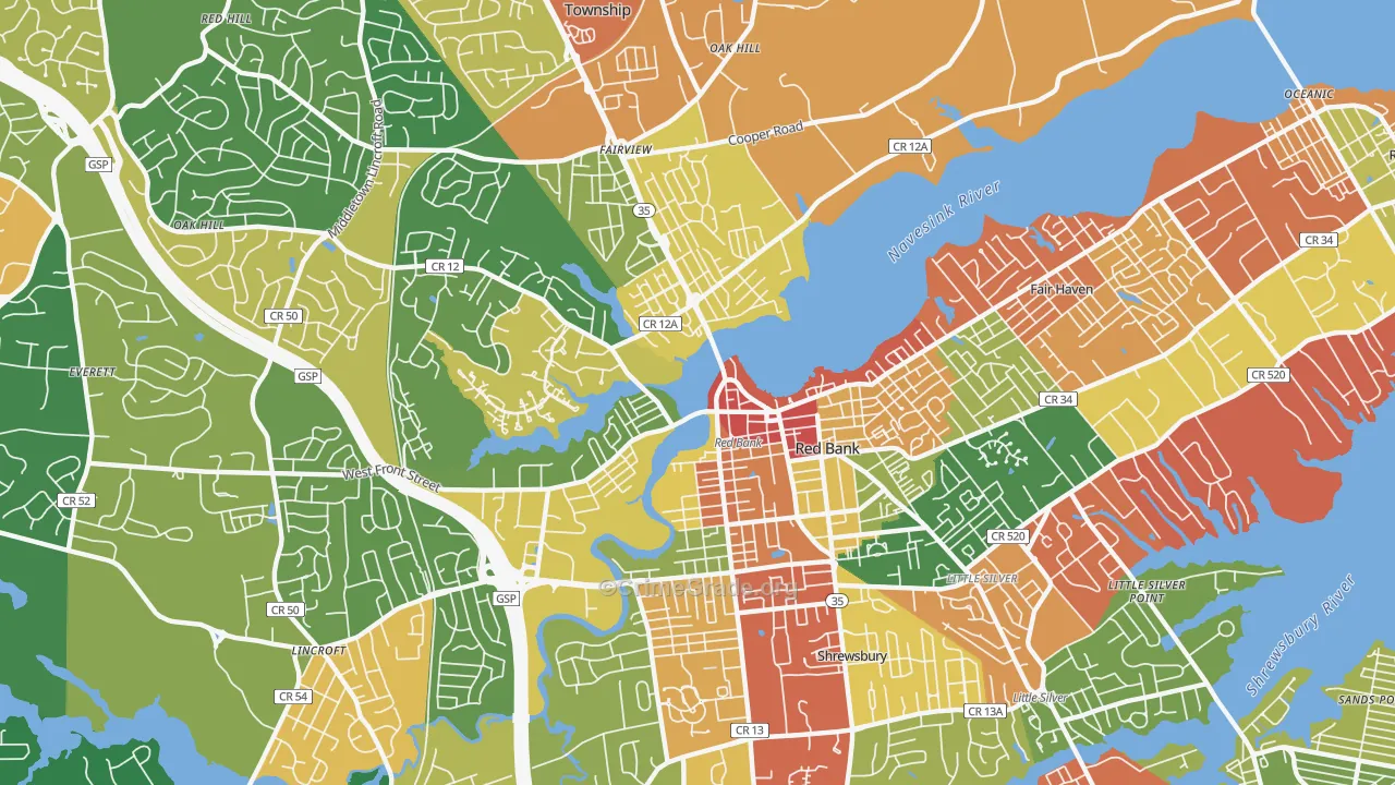 Red Bank, NJ Map of Theft Rates