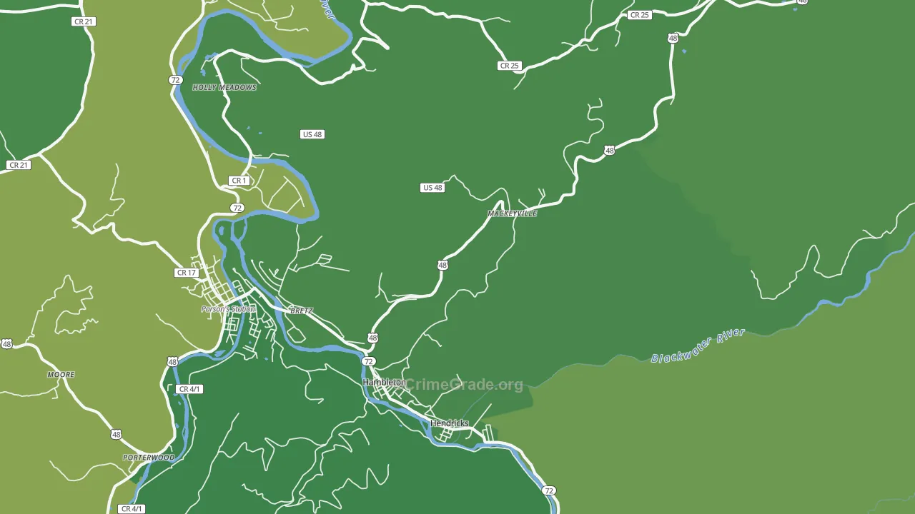 Red Creek, WV Map of Theft Rates