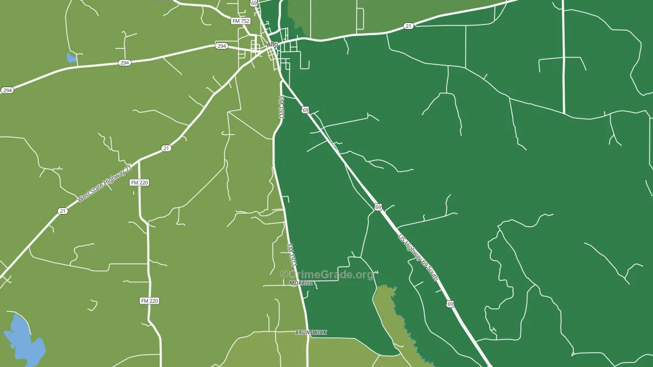 Redlawn, TX Map of Theft Rates