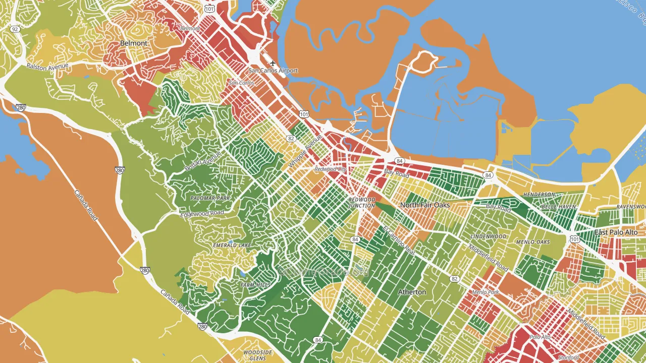 Redwood City, CA Map of Theft Rates