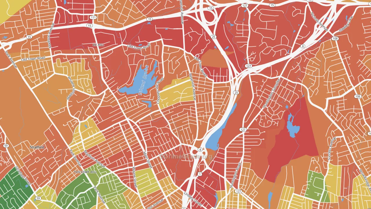 Reservoir-Whiskey Hill, Bridgeport, CT Map of Theft Rates