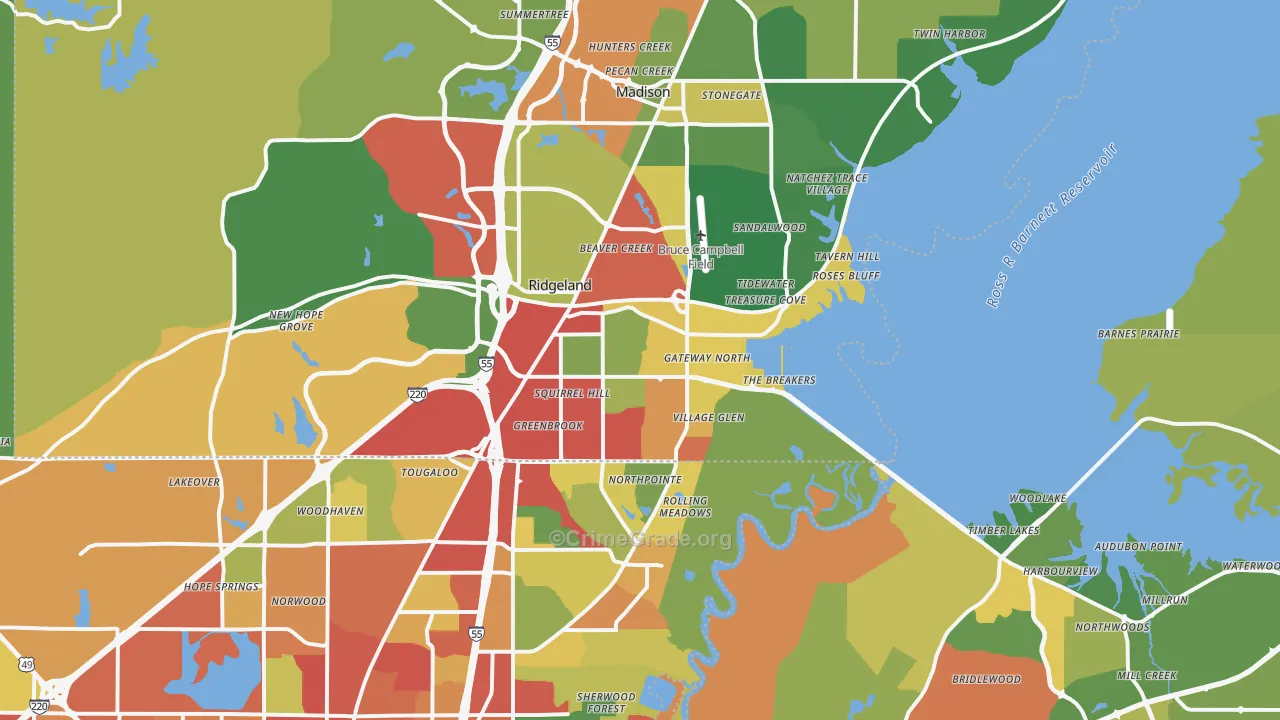 Ridgeland, MS Map of Theft Rates