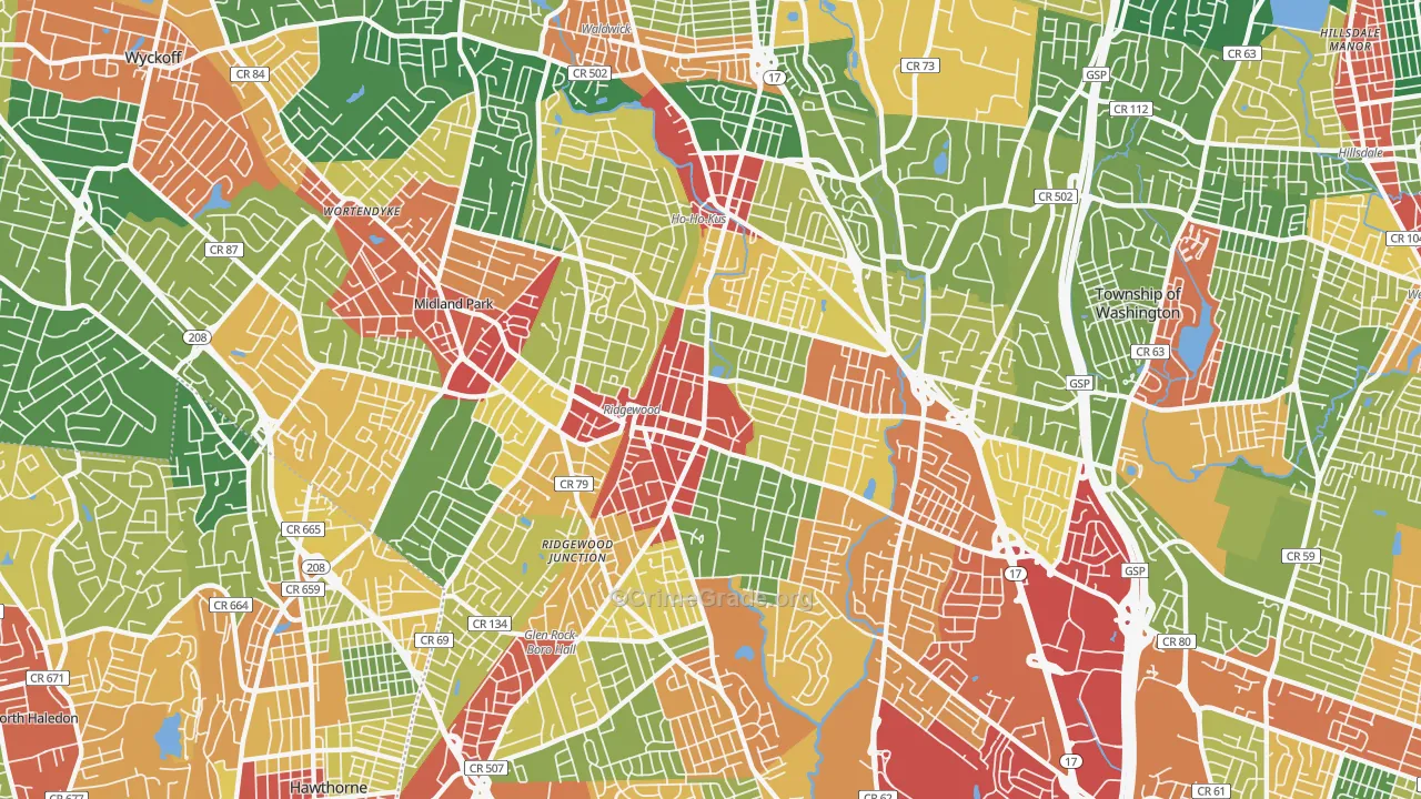 Ridgewood, NJ Map of Theft Rates