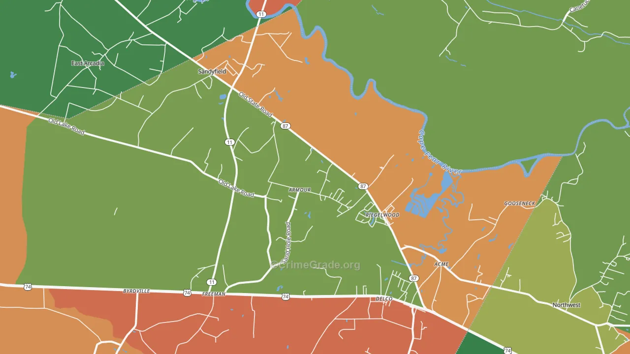 Riegelwood, NC Map of Theft Rates