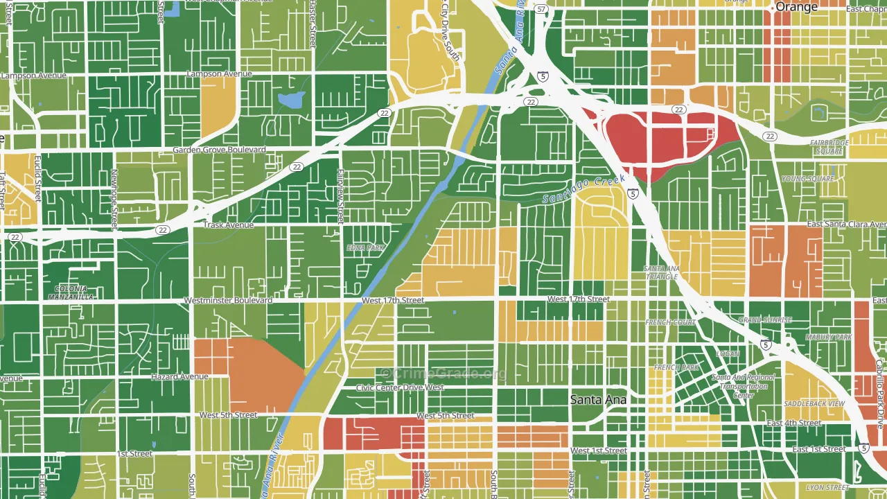 Riverview-Santa Ana, Santa Ana, CA Map of Theft Rates