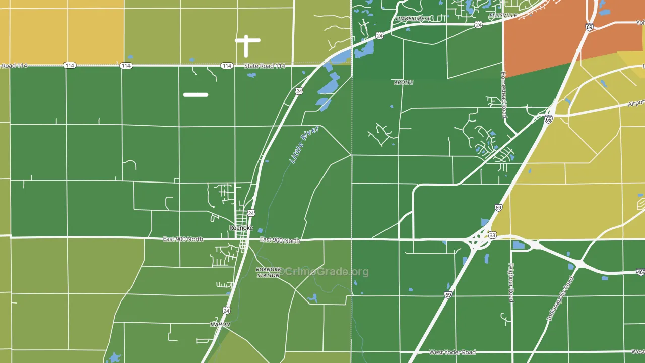 Roanoke, IN Map of Theft Rates