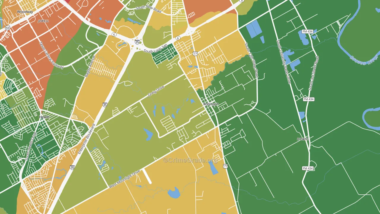 Robinson, TX Map of Theft Rates
