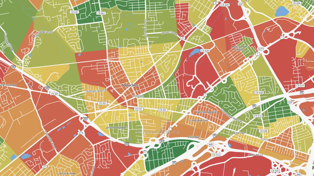 Robinvale, Metuchen, NJ Map of Theft Rates