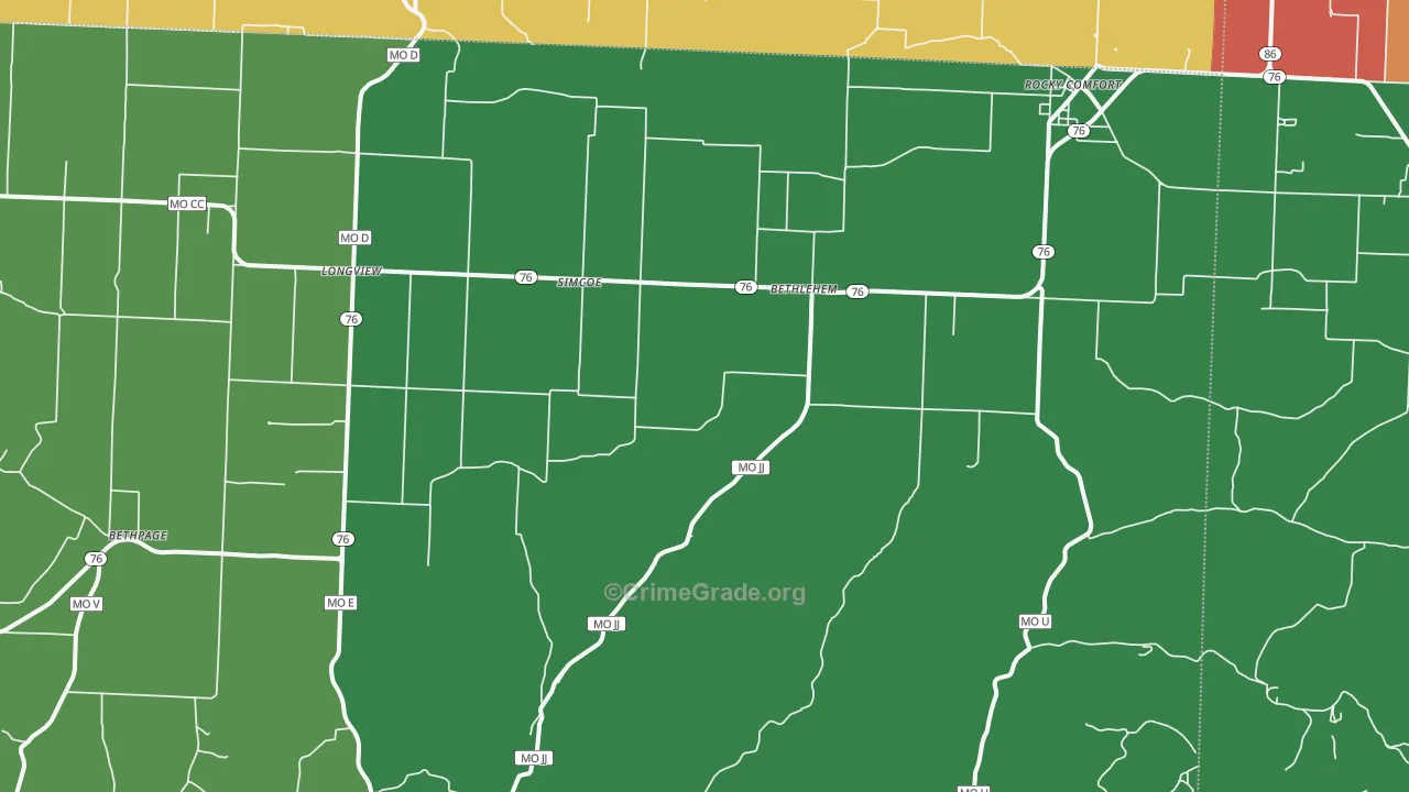 Rocky Comfort, MO Map of Theft Rates