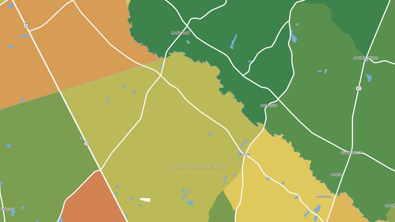 Rocky Ford, GA Map of Theft Rates