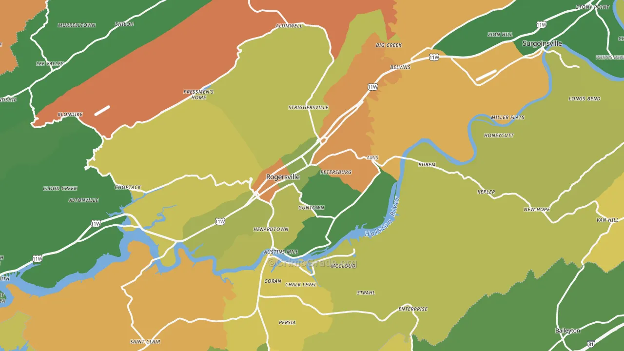 Rogersville, TN Map of Theft Rates