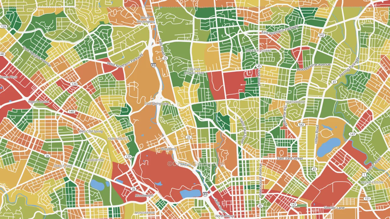 Roland Park-Homewood-Guilford, Baltimore, MD Map of Theft Rates