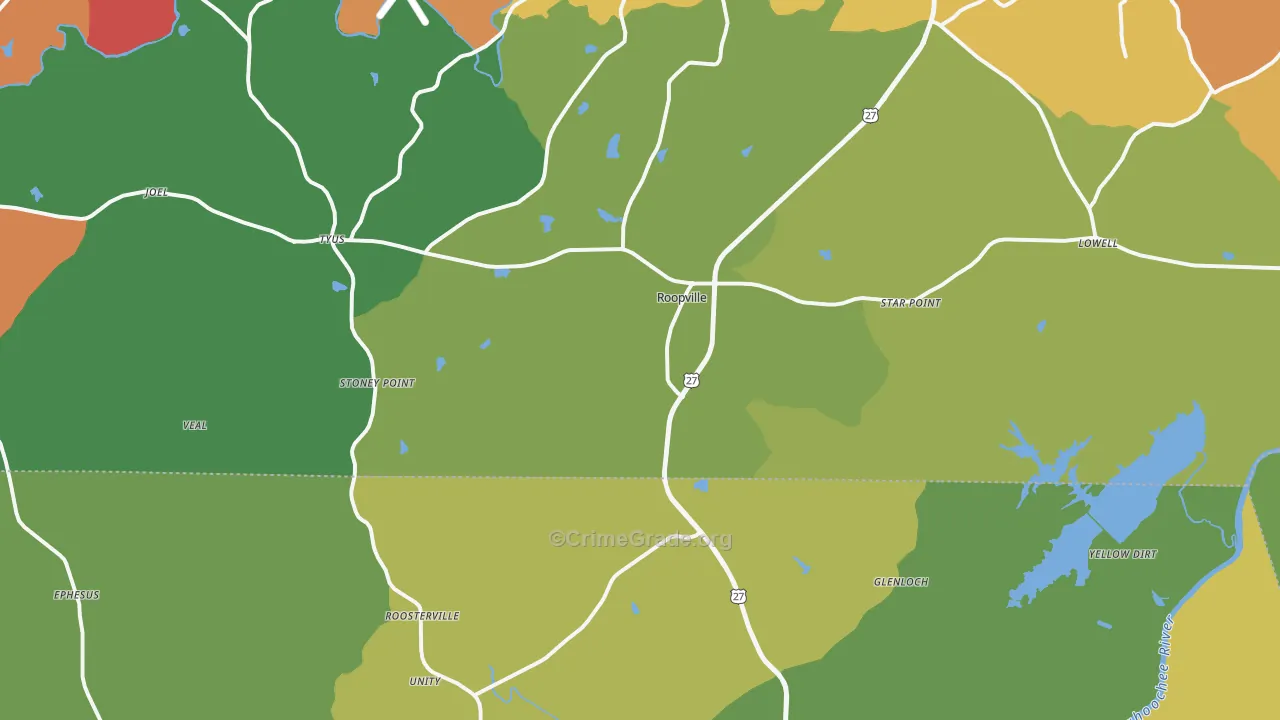 Roopville, GA Map of Theft Rates