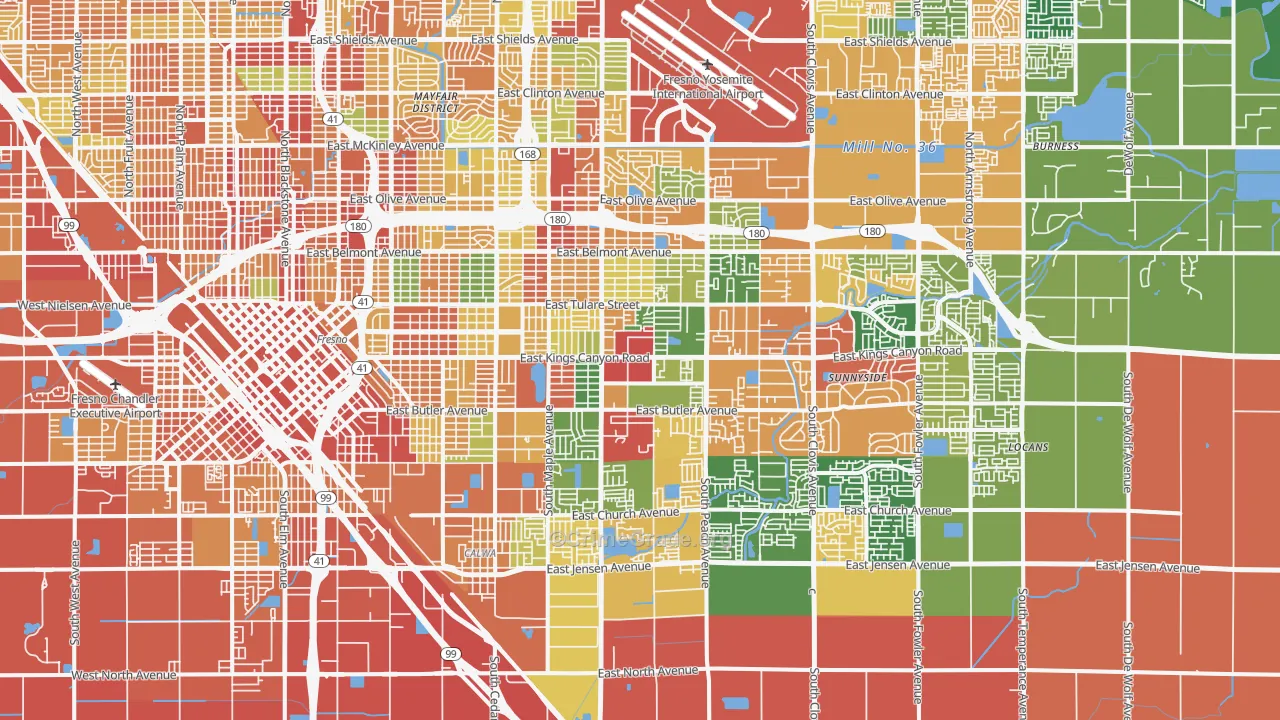 Roosevelt, Fresno, CA Map of Theft Rates