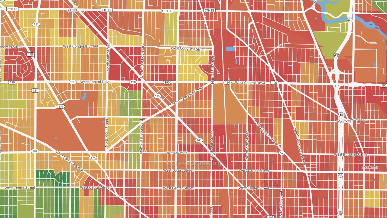 Roosevelt Grove, Milwaukee, WI Map of Theft Rates