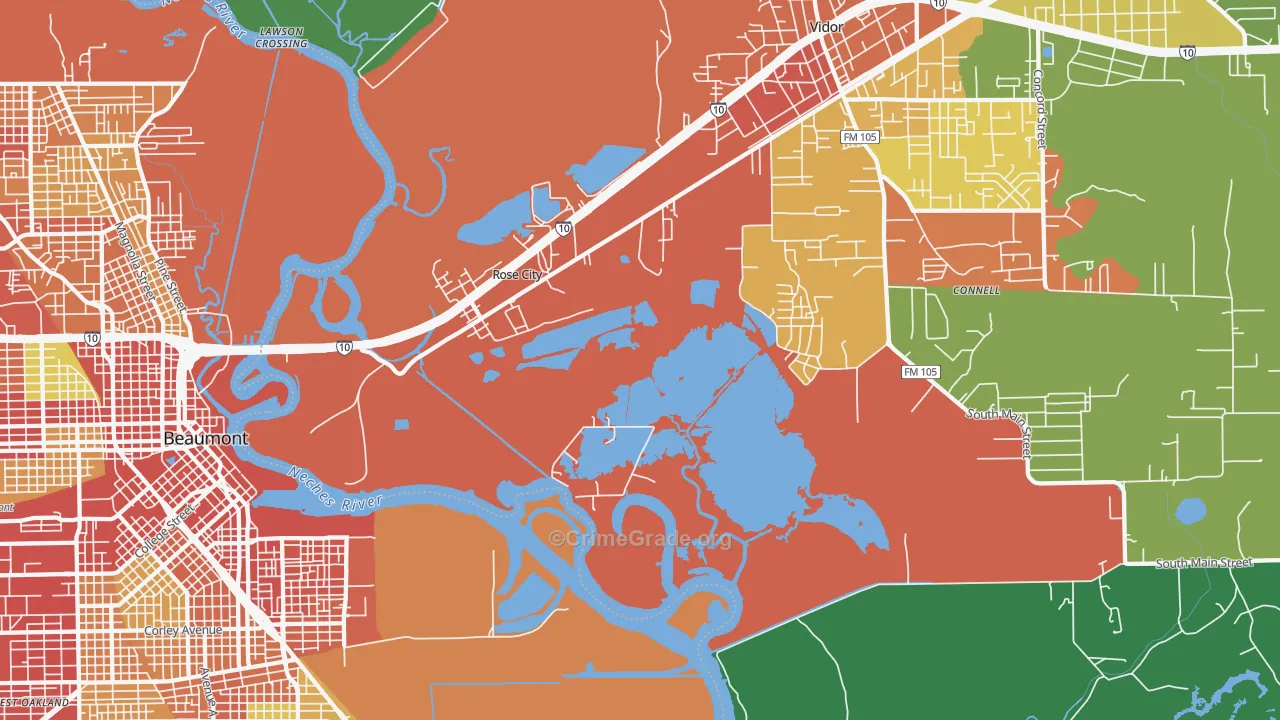Rose City, TX Map of Theft Rates
