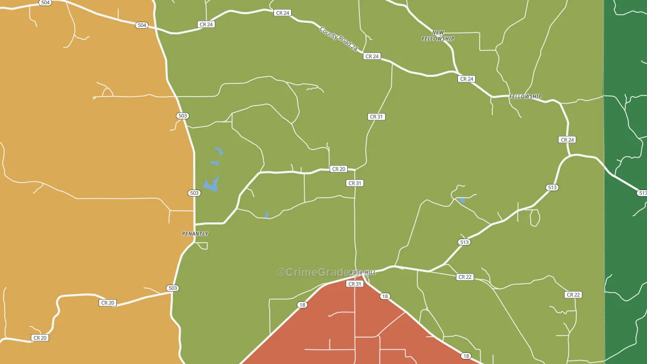 Rose Hill, MS Map of Theft Rates