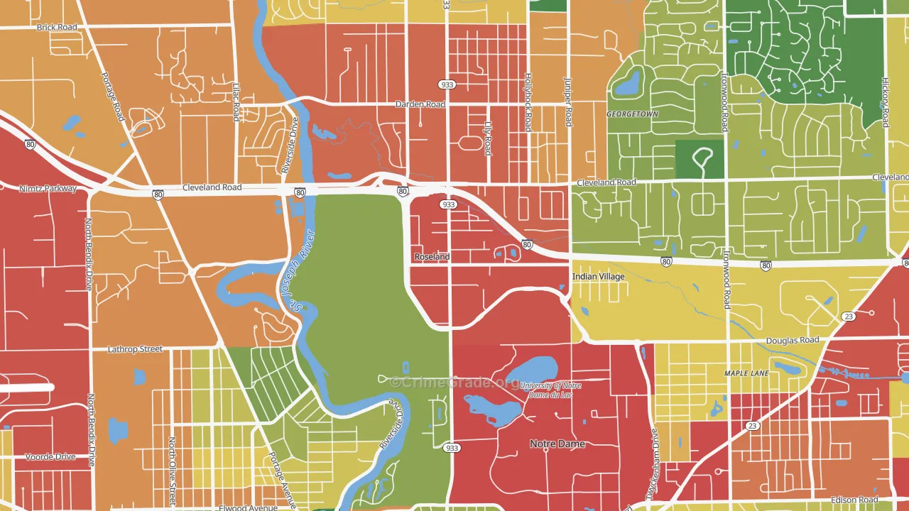 Roseland, IN Map of Theft Rates