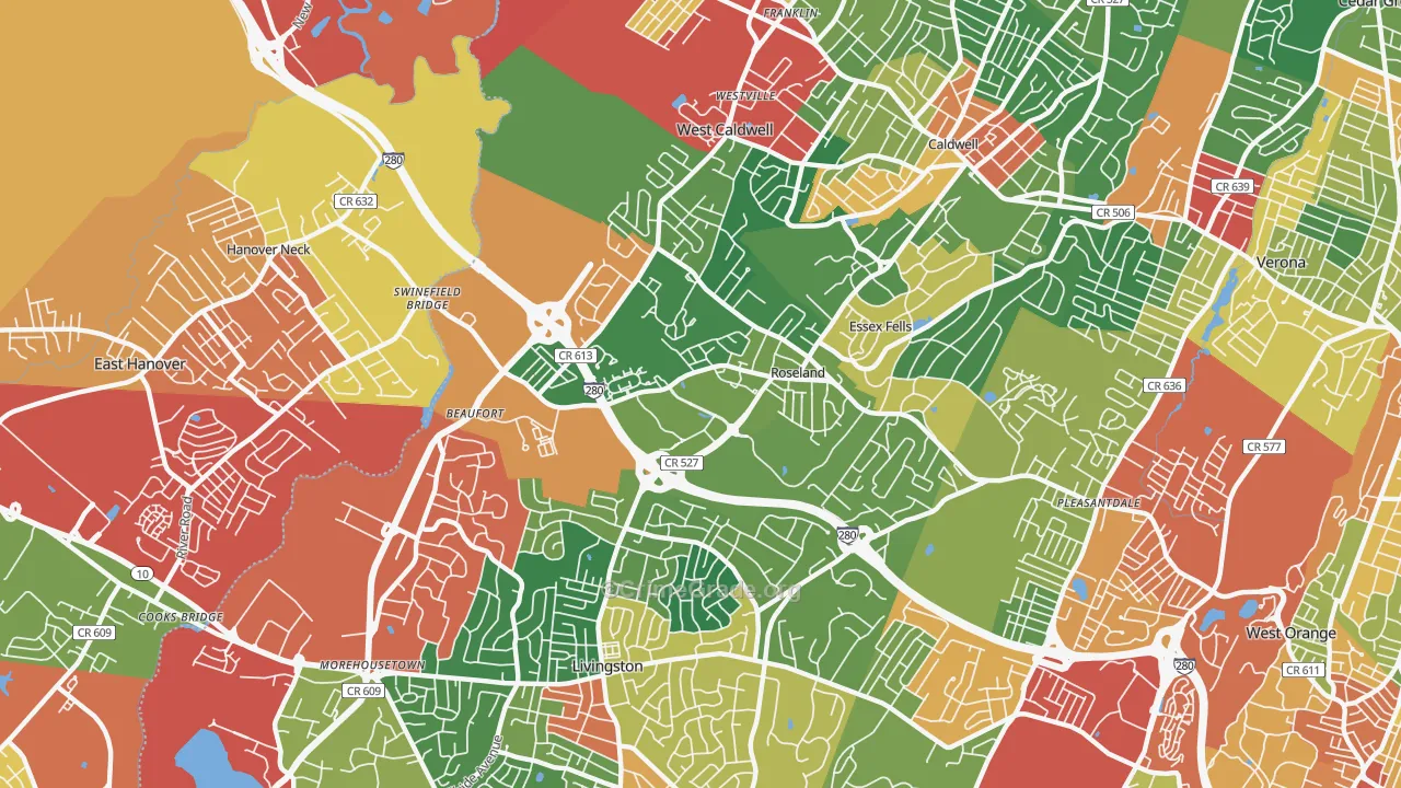 Roseland, NJ Map of Theft Rates