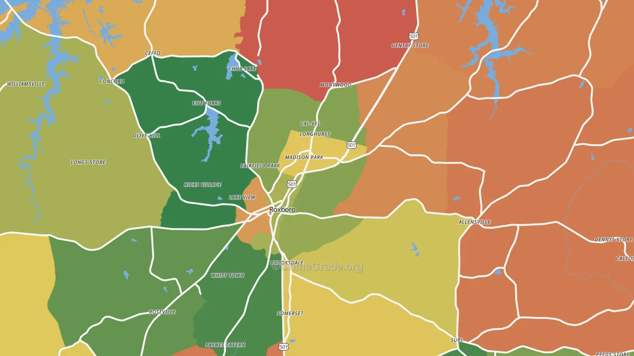 Roxboro, NC Map of Theft Rates