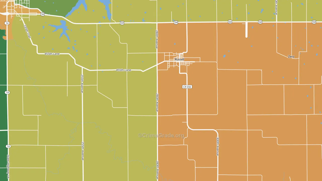 Russell, IA Map of Theft Rates
