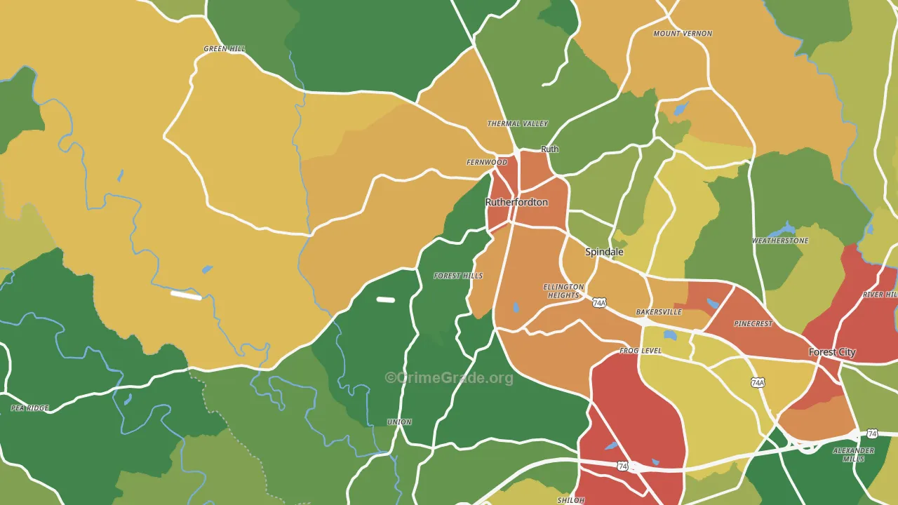 Rutherfordton, NC Map of Theft Rates