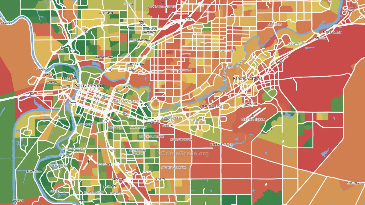 Sacramento County, CA Map of Theft Rates