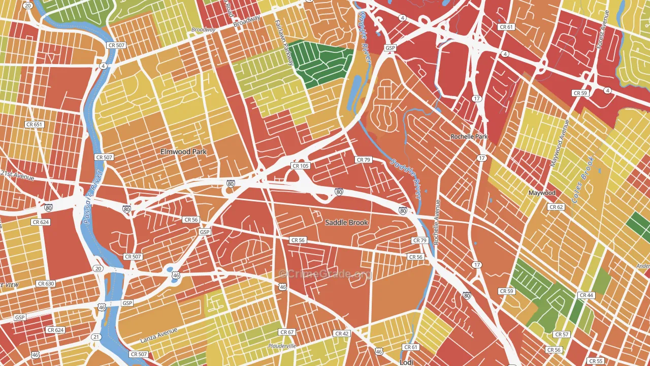 Saddle Brook, NJ Map of Theft Rates
