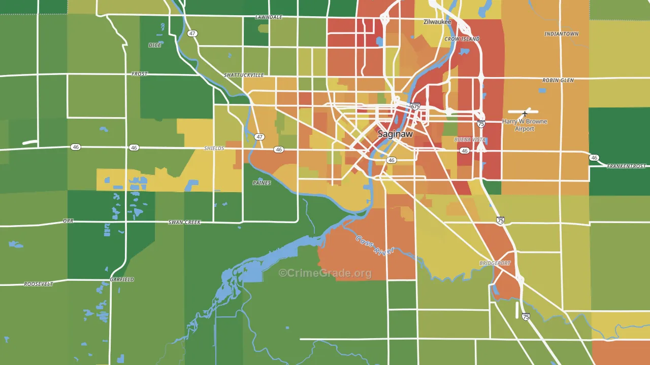 Saginaw County, MI Map of Theft Rates