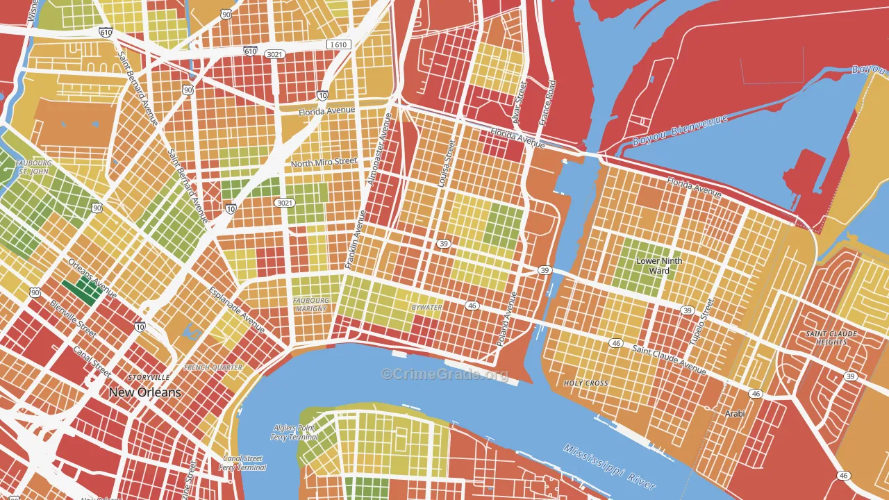 Saint Claude, New Orleans, LA Map of Theft Rates