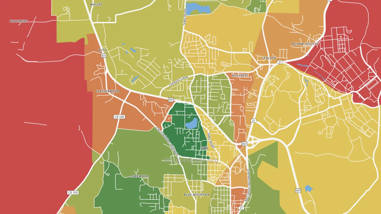 Saks, AL Map of Theft Rates