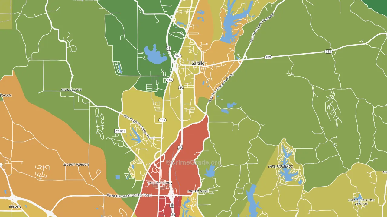 Saltillo, MS Map of Theft Rates