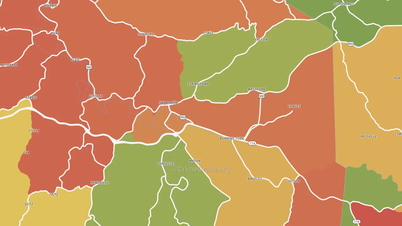 Salyersville, KY Map of Theft Rates
