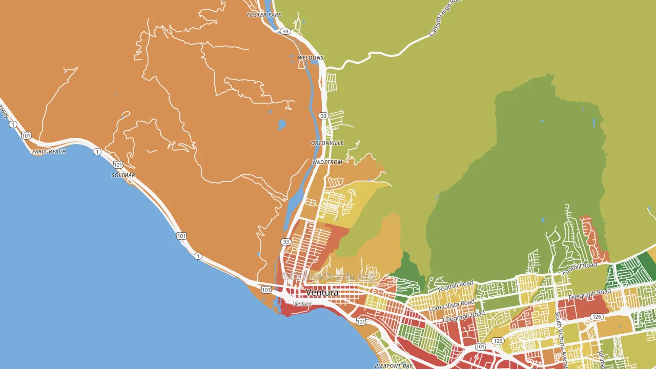 San Buenaventura, CA Map of Theft Rates