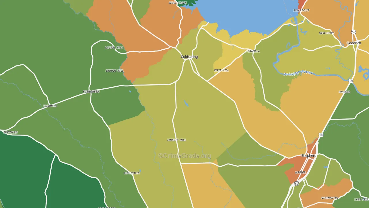 San Jacinto County, TX Map of Theft Rates