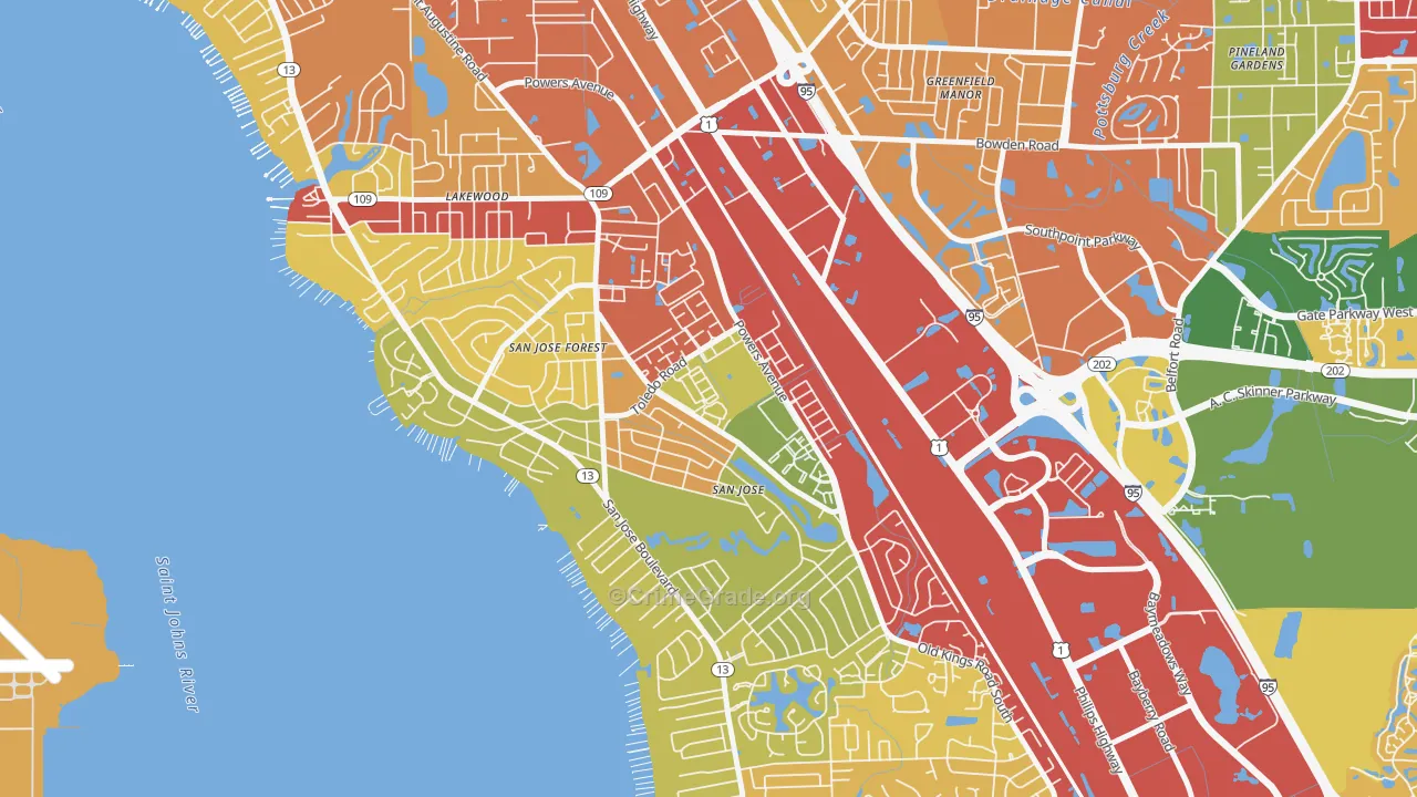 San Jose, Jacksonville, FL Map of Theft Rates