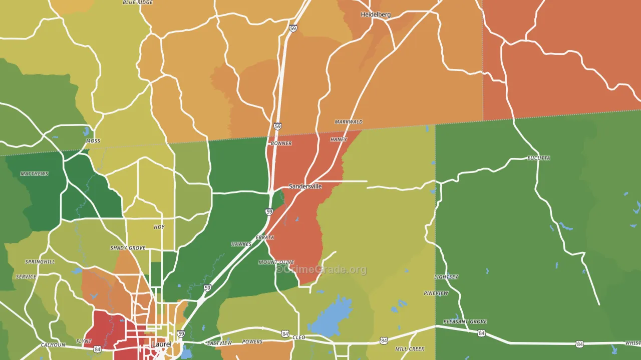 Sandersville, MS Map of Theft Rates