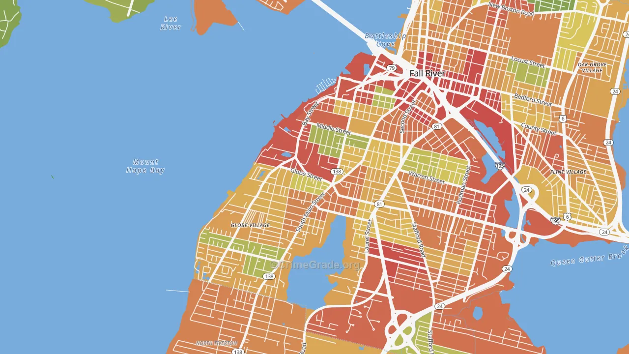 Sandy Beach, Fall River, MA Map of Theft Rates