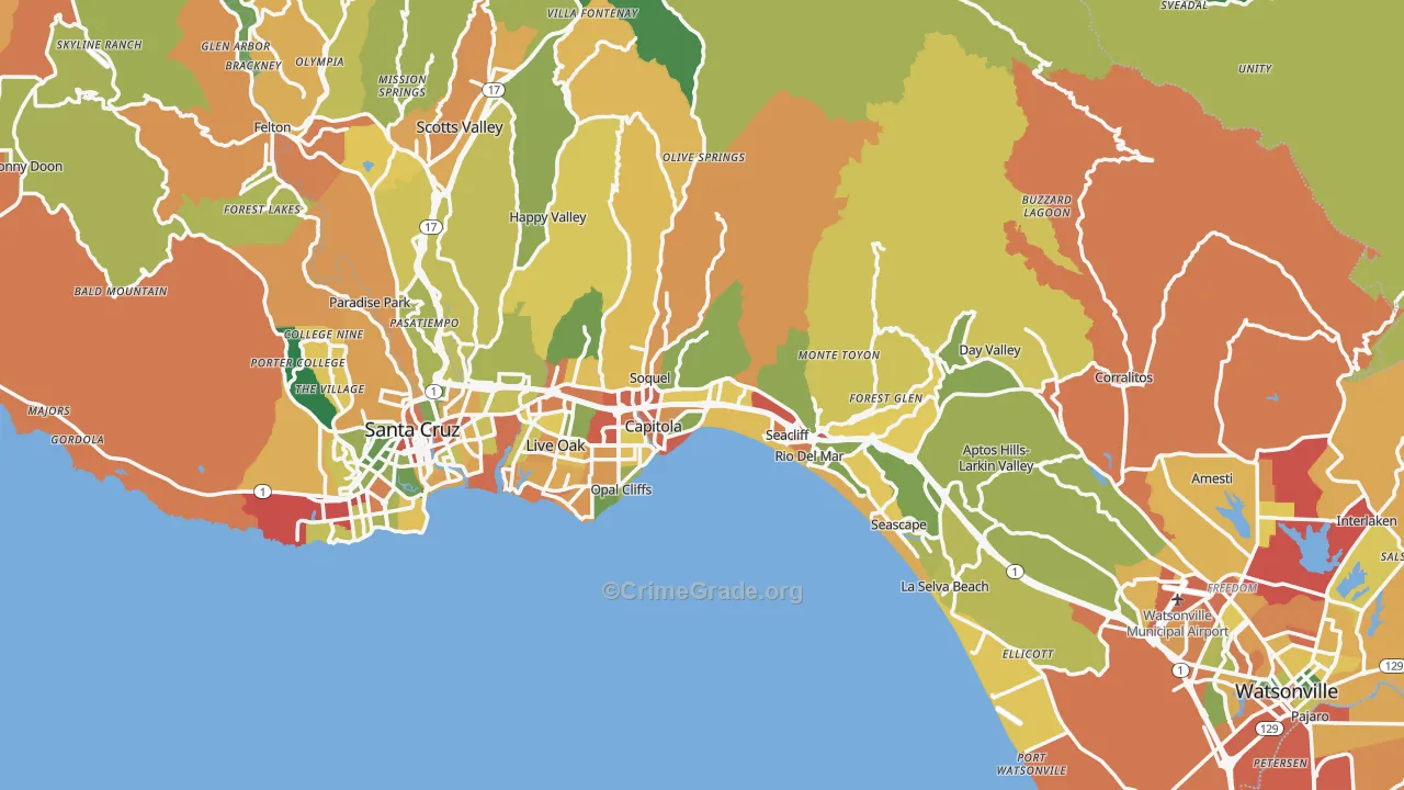 Santa Cruz County, CA Map of Theft Rates