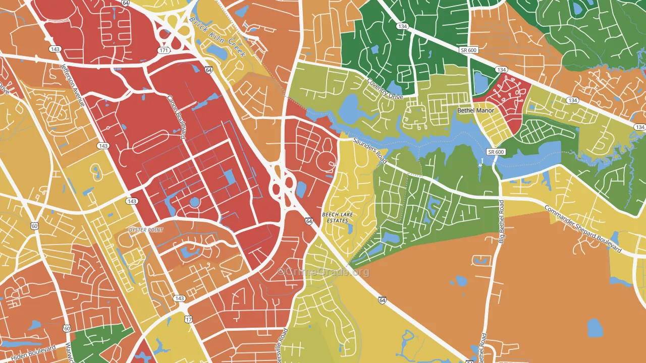 Saunders, Newport News, VA Map of Theft Rates